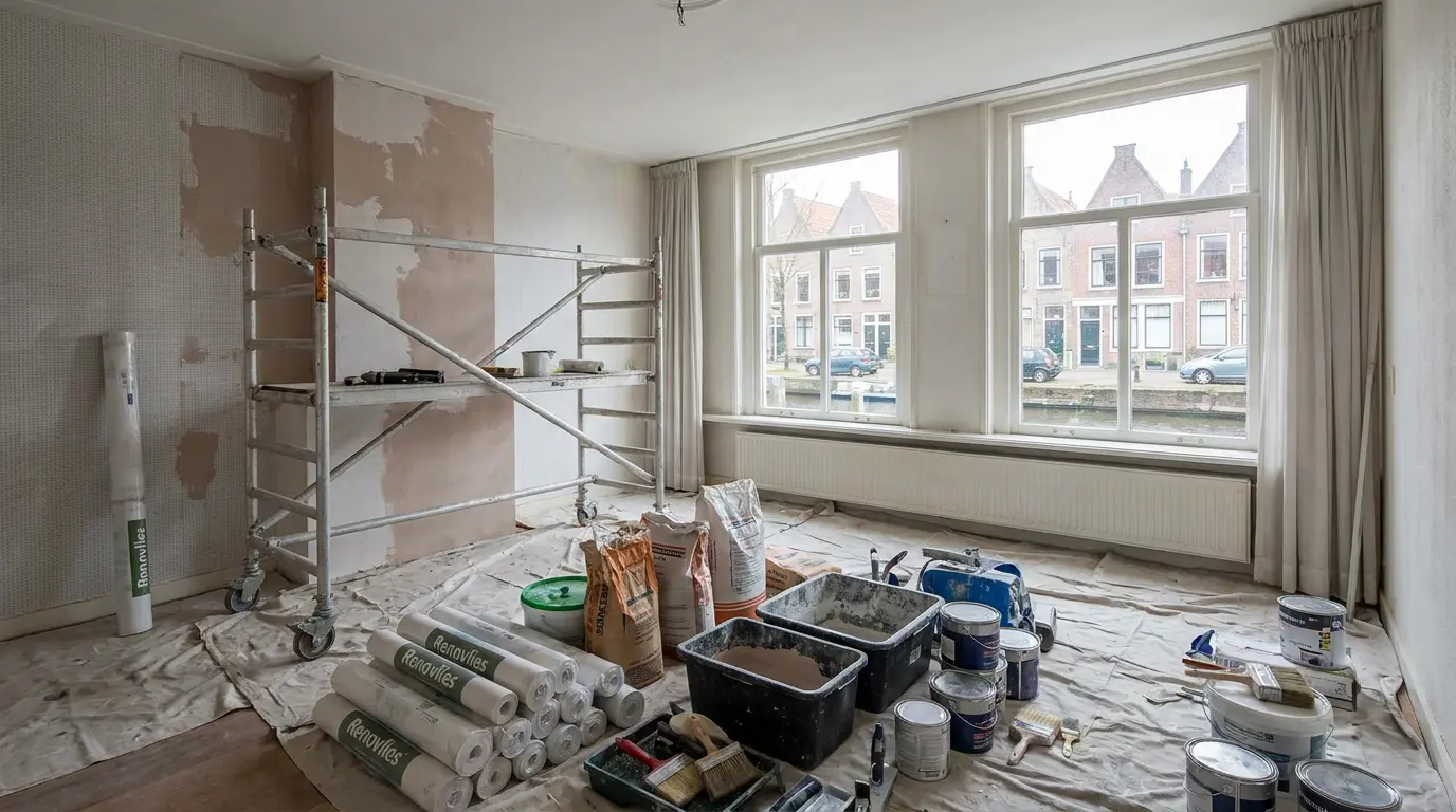 A spacious room undergoing renovation features walls with patches of exposed plaster and wallpaper. A metal rolling scaffold stands on the left, while the floor is covered in protective drop cloths cluttered with renovation materials. These include rolls of "Renovlies" lining paper, bags of filler, paint cans, brushes, and mixing tubs. Large windows on the right offer a view of a canal and traditional brick houses across the street.